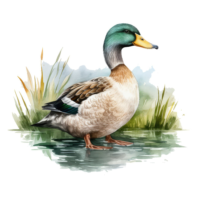 A digitally printed fabric panel featuring a mallard duck standing in water with grassy background.