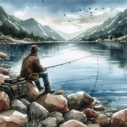 Man fishing by a lake with mountains in the background quilt panel