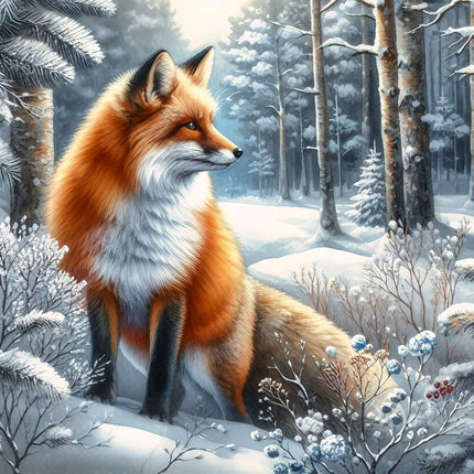 A digitally printed 100% cotton fabric panel featuring a realistic image of a fox in a snowy forest setting.