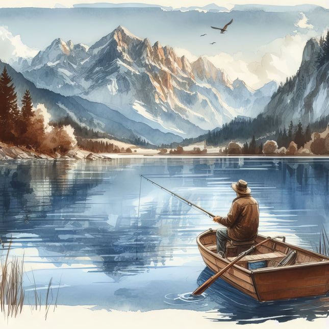 Man fishing in a boat on a lake with mountains in the background fabric panel