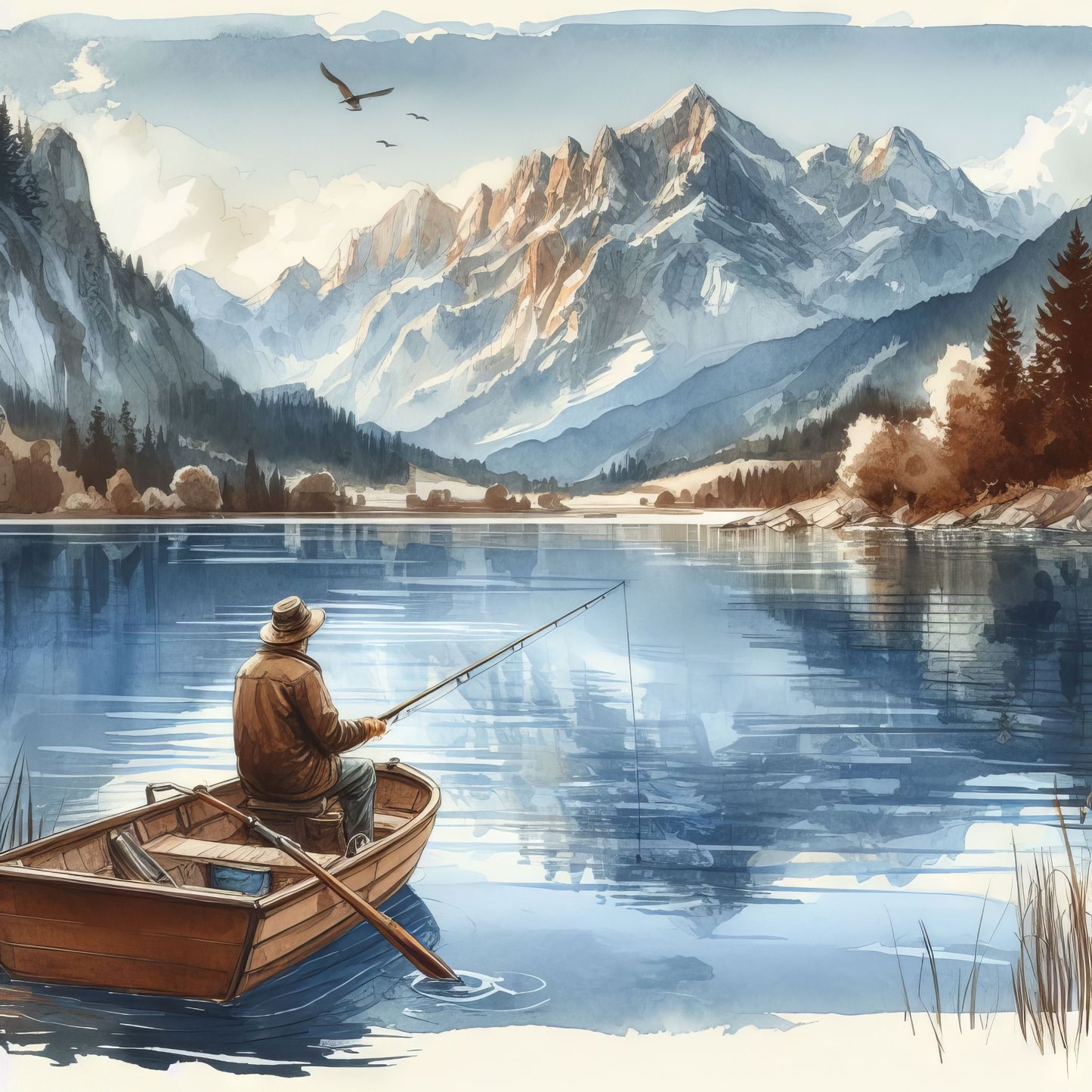 Man Fishing on Lake 100% Cotton Fabric Panel Square | Quilting Sewing Block ET190