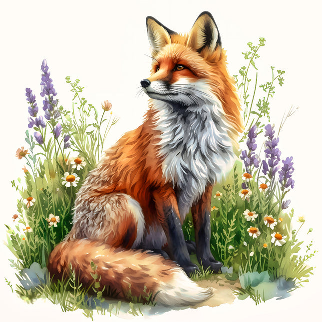 A digitally printed 100% cotton fabric panel featuring a orange and white fox sitting in a field with green grass and purple flowers.