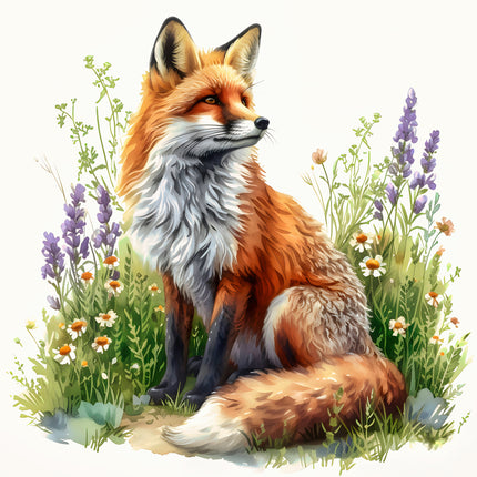 Fox sitting among flowers and grass quilt panel