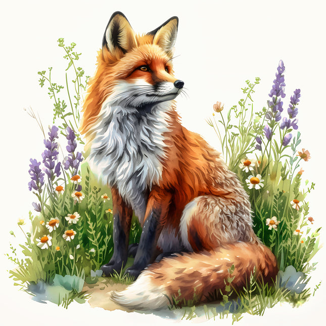 Fox sitting among flowers and grass quilt panel