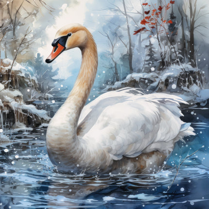 A digitally printed fabric panel featuring a swan in a wintry landscape with snowflakes and a frozen background.