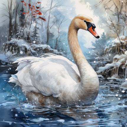 Swan swimming in a snowy landscape with trees and water quilt panel