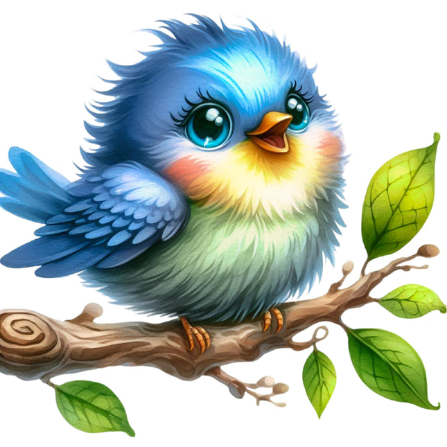 A digitally printed 100% cotton fabric panel featuring a colorful cartoon-style blue bird perched on a branch with green leaves.