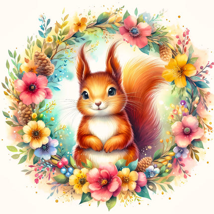 A digitally printed 100% cotton fabric panel featuring a cute squirrel surrounded by colorful flowers and foliage.