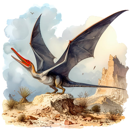 A digitally printed 100% cotton fabric panel featuring a pterodactyl dinosaur in a prehistoric landscape.