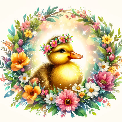 A digitally printed 100% cotton fabric panel featuring a cute duckling with a floral wreath around it, with a variety of colorful flowers such as daisies and roses.