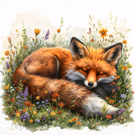 A digitally printed 100% cotton fabric panel featuring a sleeping fox surrounded by floral imagery.