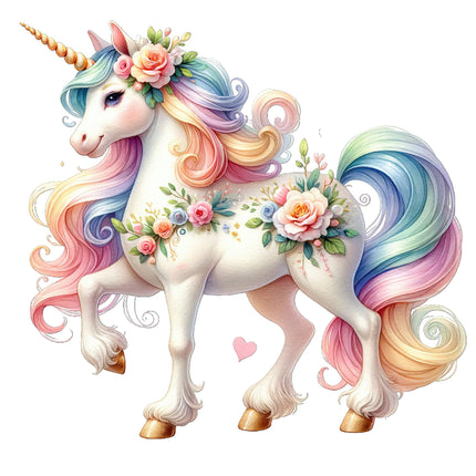 A digitally printed 100% cotton fabric panel featuring a colorful unicorn with floral decorations.