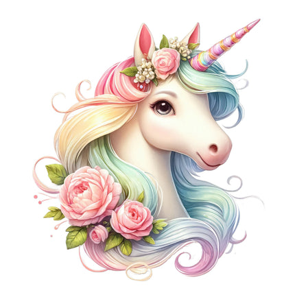unicorn fabric panel with a floral crown and multicolored mane and tail, featuring pink roses.