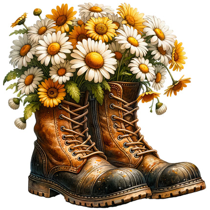 A fabric panel featuring a pair of work boots filled with a bouquet of daisies and other flowers.