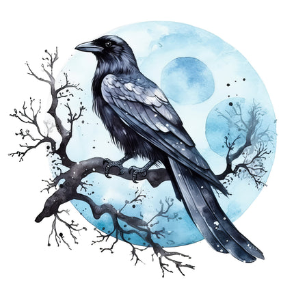Black crow on a branch with a blue moon fabric panel