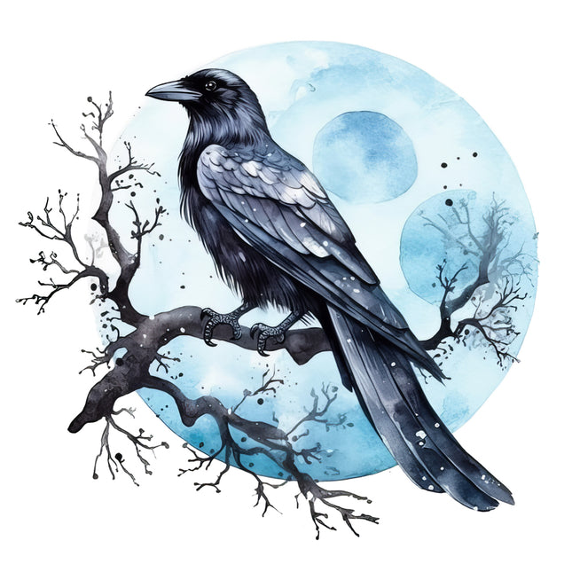 Black crow on a branch with a blue moon fabric panel