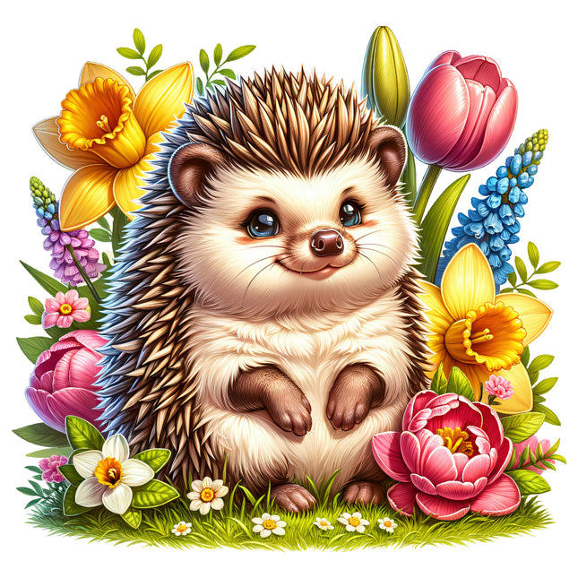 A digitally printed fabric panel featuring a cute hedgehog with flowers such as daisies and tulips in the background.