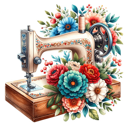 A fabric panel featuring a digital print of a sewing machine and various colorful flowers on a wooden surface.
