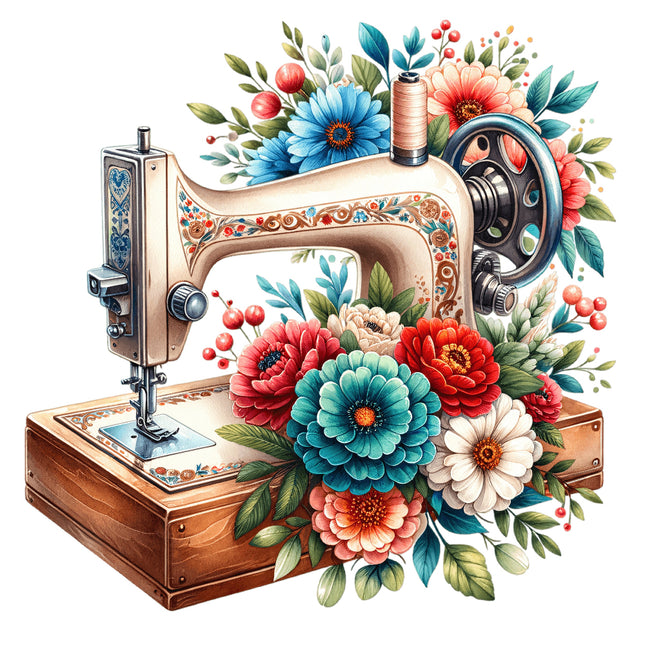 A fabric panel featuring a digital print of a sewing machine and various colorful flowers on a wooden surface.