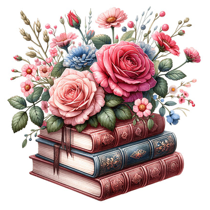 A fabric panel featuring a digitally printed floral design with roses and other flowers on a stack of books.