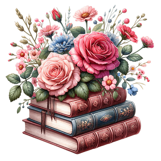 A fabric panel featuring a digitally printed floral design with roses and other flowers on a stack of books.