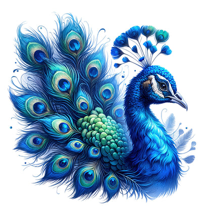 A digitally printed fabric panel featuring a vibrant blue peacock with detailed tail feathers on a white background.