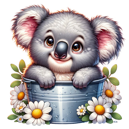 A digitally printed fabric panel featuring a cute koala bear sitting in a metal bucket with flowers around it.