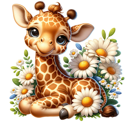 A digitally printed fabric panel featuring a cute giraffe sitting among white daisies.