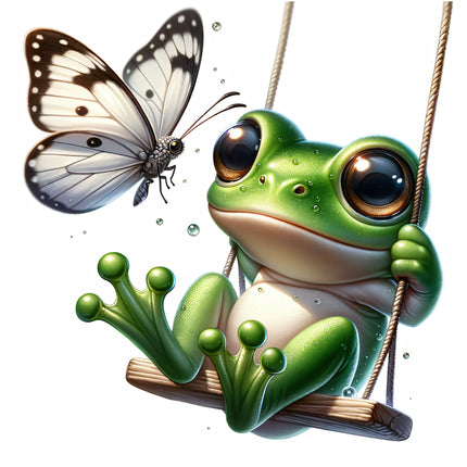 A digitally printed fabric panel featuring a cute green frog on a swing with a white butterfly above it.