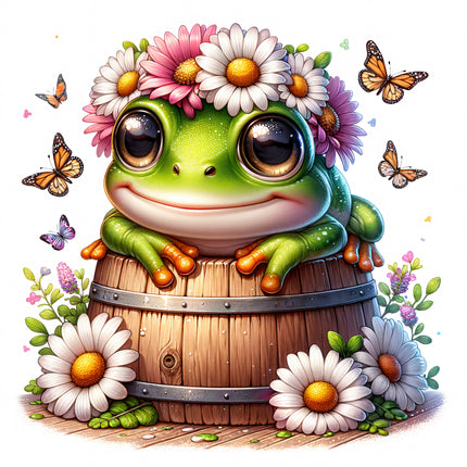 A digitally printed fabric panel featuring a cute frog with flowers on its head, sitting on a wooden barrel, surrounded by butterflies and flowers.