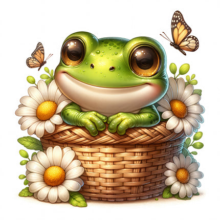 A digitally printed 100% cotton fabric panel featuring a cute green frog sitting in a basket with white and yellow daisies, and butterflies in flight.