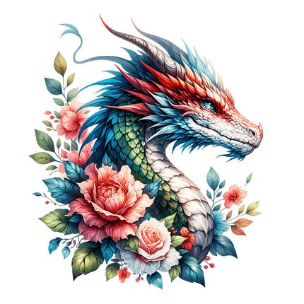 A digitally printed 100% cotton fabric panel featuring a colorful dragon with floral elements.