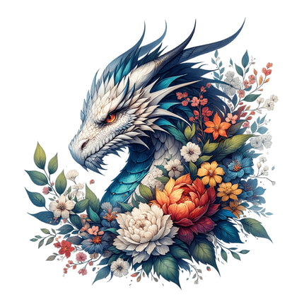 A digitally printed 100% cotton fabric panel featuring a floral design with a dragon at the center, surrounded by various colorful flowers.