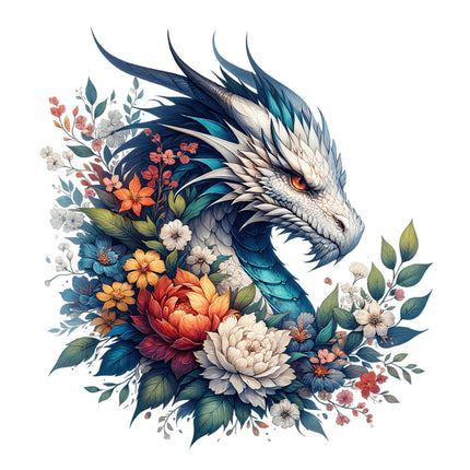 Dragon surrounded by colorful flowers fabric panel