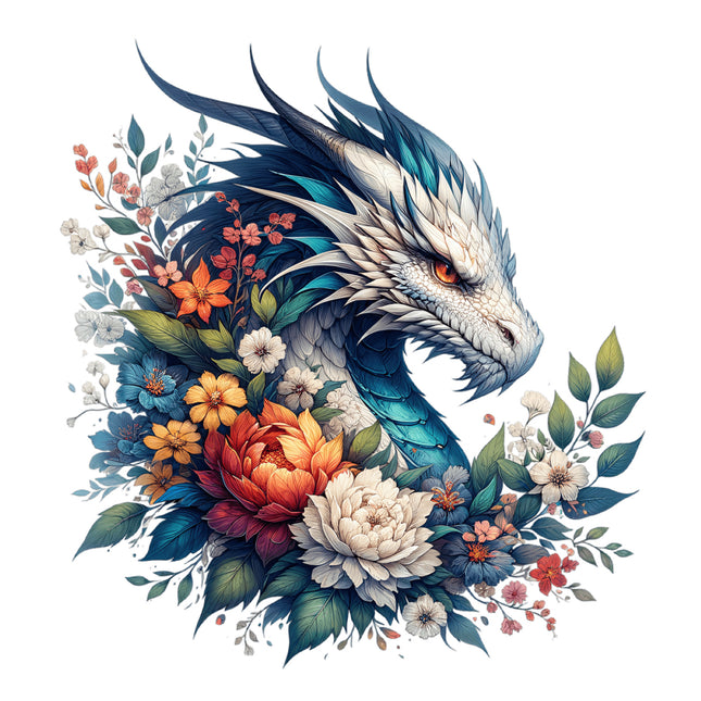 Dragon surrounded by colorful flowers fabric panel