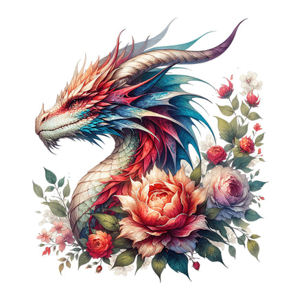 A digitally printed 100% cotton fabric panel featuring a multicolored dragon