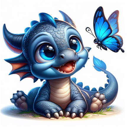 A digitally printed fabric panel featuring a cute blue dragon with large eyes and a butterfly