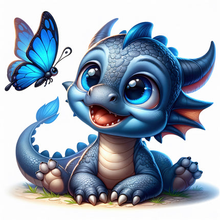 Cartoon blue dragon with a butterfly fabric panel