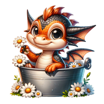 A digitally printed 100% cotton fabric panel featuring a cute baby dragon with flowers.