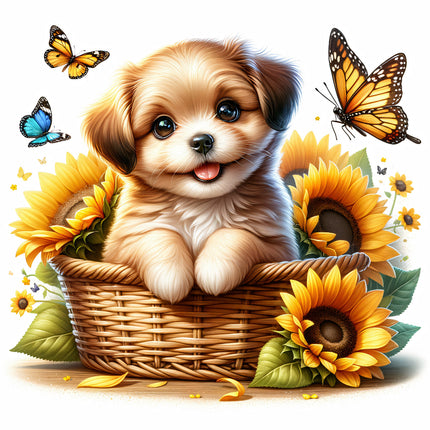 A fabric panel block featuring a cute puppy in a basket with sunflowers and butterflies.