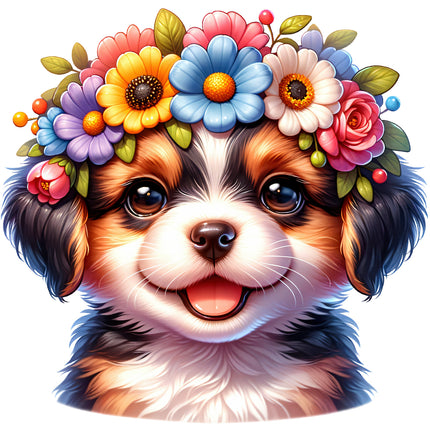 A digitally printed fabric panel featuring a cute puppy with a floral wreath on its head.