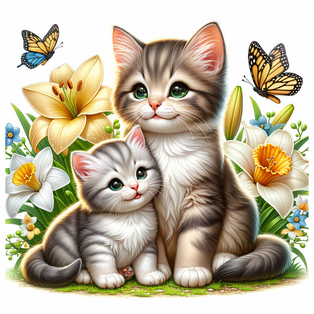 A fabric panel block featuring two kittens sitting among colorful flowers with butterflies in the background.