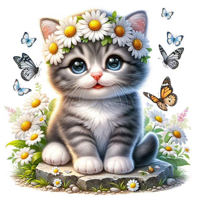 A fabric panel block featuring a cute kitten with a crown of daisies on its head, surrounded by butterflies and seated on a base with flowers.