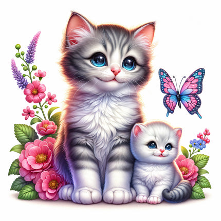 A fabric panel featuring two cute kittens with flowers and a butterfly, digitally printed on cotton material.