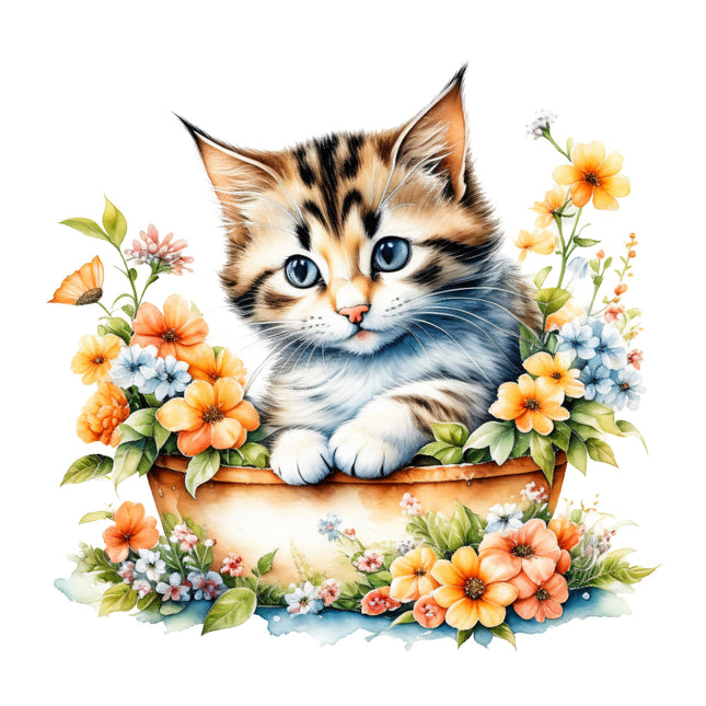 A fabric panel featuring a cute kitten with flowers, designed for quilting and sewing.