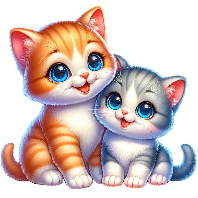 A fabric panel featuring two cartoon kittens, one with orange and white fur and the other with gray and white fur, looking cheerful and sitting close to each other.