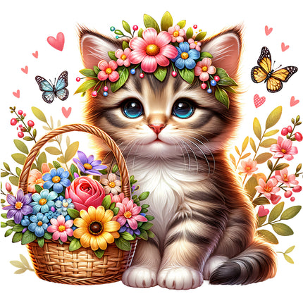 A digitally printed fabric panel featuring a cute kitten with a floral basket and surrounded by hearts and butterflies.