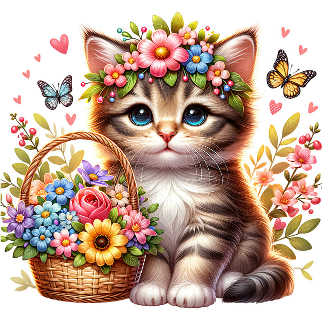 A digitally printed fabric panel featuring a cute kitten with a floral basket and surrounded by hearts and butterflies.
