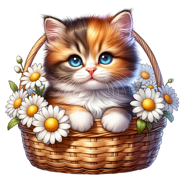 A digitally printed fabric panel featuring a cute kitten sitting inside a woven basket with daisy flowers.