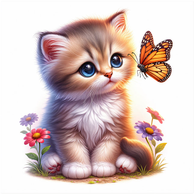 A digitally printed fabric panel featuring a cute kitten cat with flowers and a butterfly.